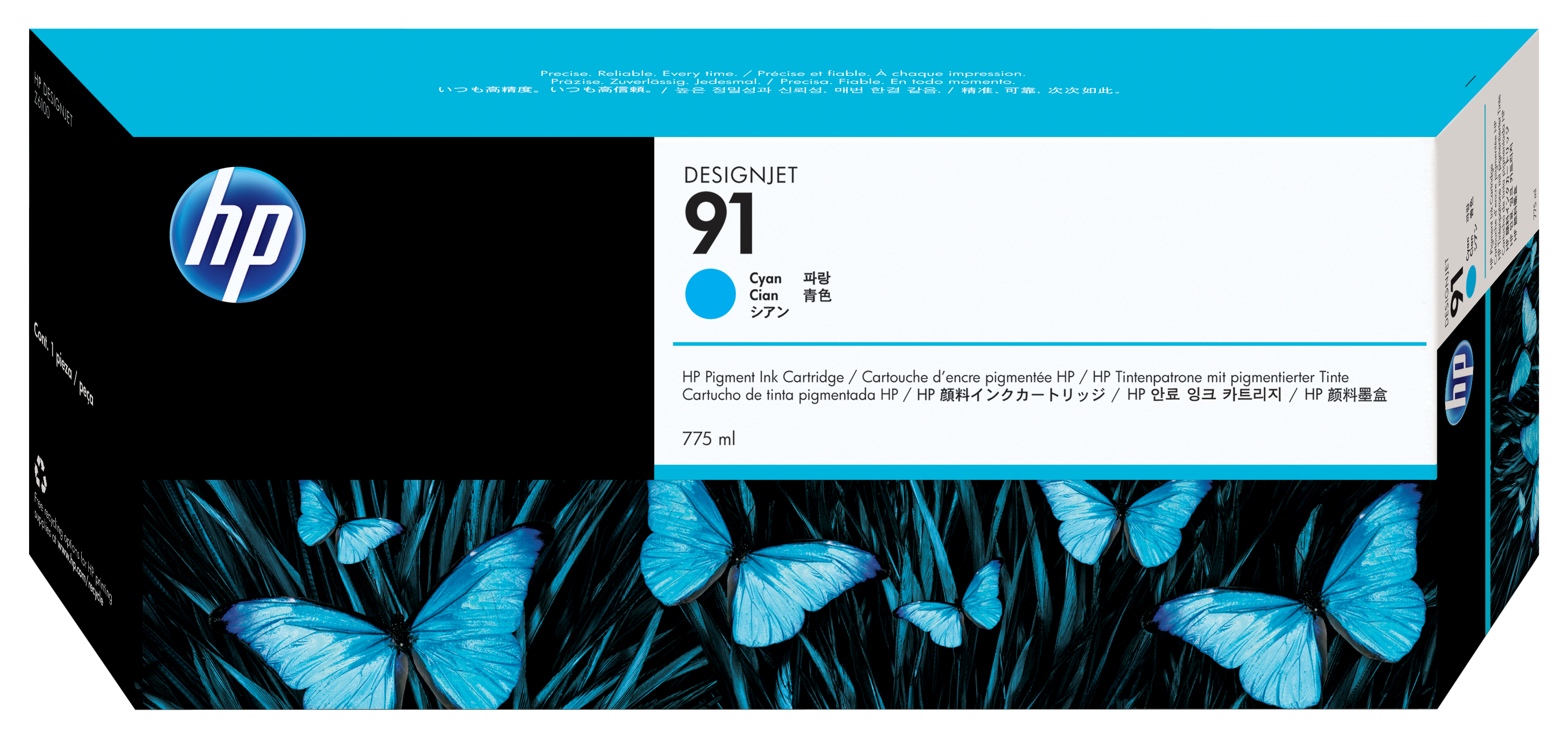 HP 91 775 ml pigmentinktcartridges voor DesignJet, cyaan single pack / cyaan
