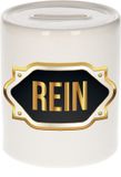 Bellatio Decorations Shoppartners Bv Spaarpot met voornaam Rein - wit - met goud/zwart embleem - 8 x 9 cm - keramiek - met afsluitdop - cadeau verjaardag
