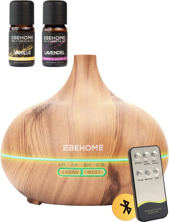 2BEHOME Aroma Diffuser met 2 Etherische Oliën & Afstandsbediening - 550ML - Lichte Houtlook