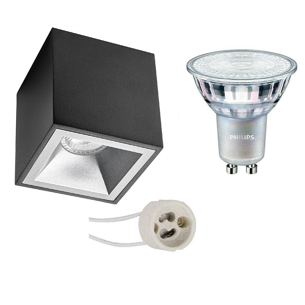 BES LED Opbouwspot Set - Pragmi Cliron Pro - GU10 Fitting - Opbouw Vierkant - Mat Zwart/Zilver - Verdiept - 90mm - Philips - MASTER 927 36D VLE - 4.9W - Warm Wit 2200K-2700K - DimTone Dimbaar