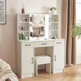 Merkloos Grande coiffeuse avec éclairage et tabouret - Miroir - 3 couleurs - Luminosité réglable - 4 étagères - 3 tiroirs - table de maquillage blanc