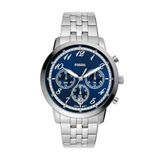 Fossil Neutra horloge voor heren, kwarts chronograaf uurwerk met horlogeband van roestvrij staal, Zilvertint en blauw, 44 mm