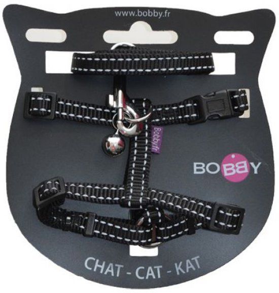 Bobby tuig voor en looplijn voor kat nylon reflecterend zwart 25-38x1 cm