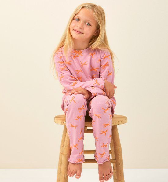 Little Label - Pyjama Meisjes Roze Strikjes - 10Y/134-140 - Zachte BIO Katoen