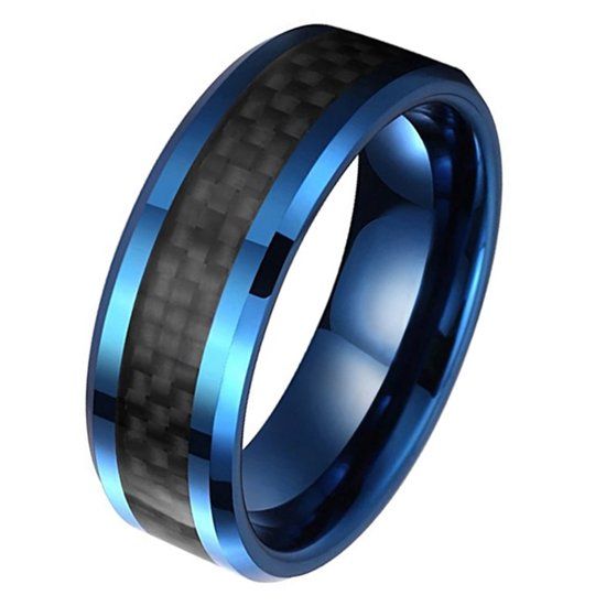 Mendes Jewelry Wolfraam heren ring Carbon Fiber Blauw Zwart 8mm-21.5mm