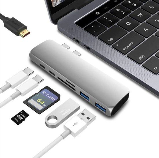 LURKÂ® USB 3.1 Type-C Hub Adapter PRO HDMI 4K Thunderbolt 3 USB-C Hub met Hub 3.0 TF SD Reader Slot PD voor MacBook Pro/Air 2017/2018 Space gray/grijs