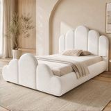 STILVORA Gestoffeerd Bed 90 x 200 cm - Eenpersoons Kinderbed Met Golvend Hoofdbord - Lattenbodem - Voor Kinderkamer - Bouclestof - Beige - Zonder Matras