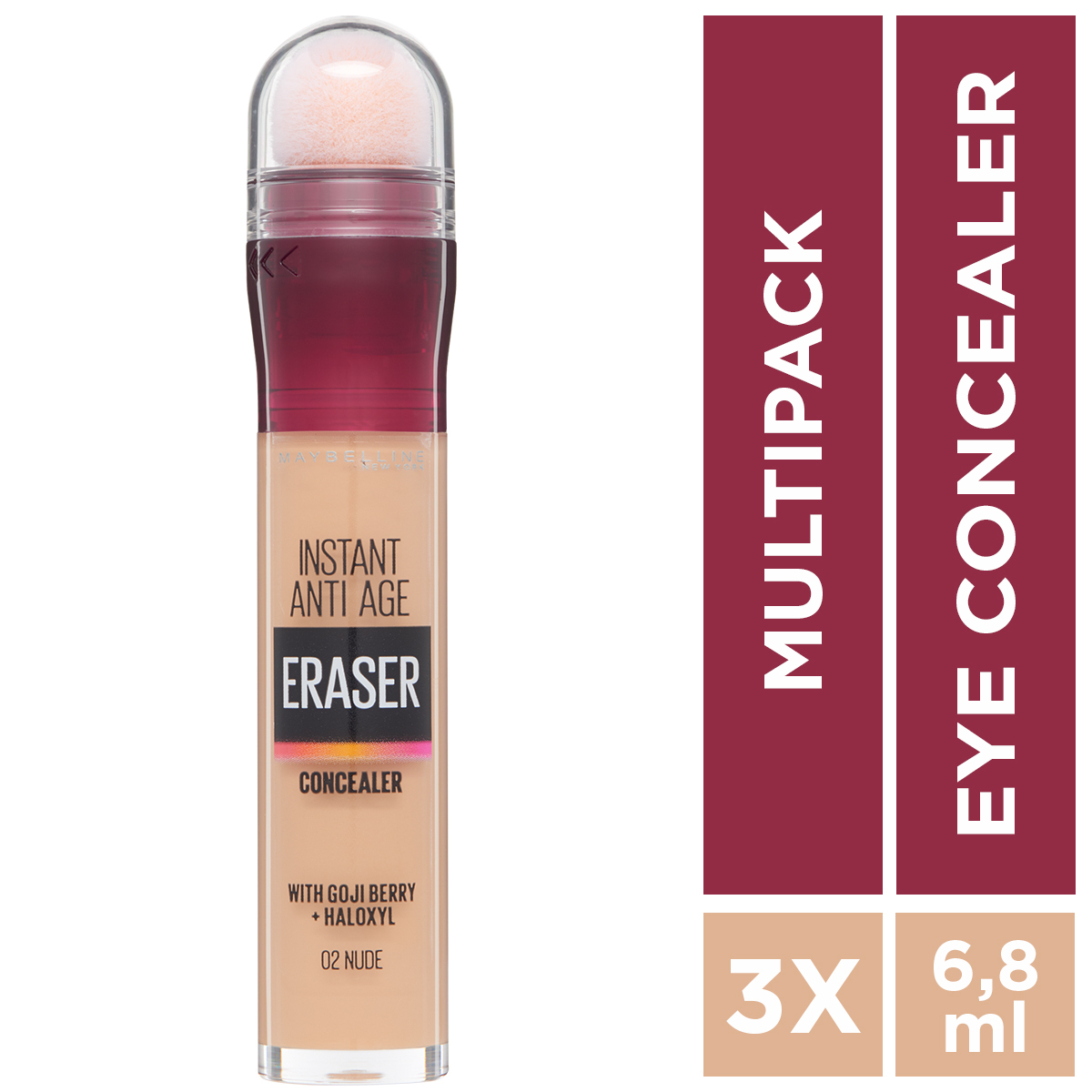 Maybelline Instant Anti Age Eraser 02 Nude Multipack - voordeelverpakking concealers die zichtbaar wallen wegwerken - 6,8 ml (eerst: Instant Age Rewind Concealer)