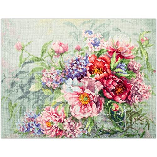 Magic needle Zweigart Edition kruissteek set pioenrozen en hortensia, telpatroon, 40x30cm