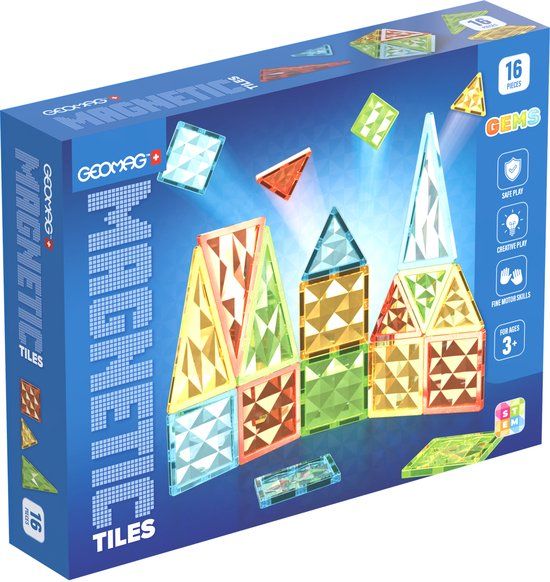 Geomag magnetisch speelgoed Magnetic Tiles Gems 16 bouwset.