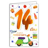 Age Mv 69-2014 wenskaart voor de 14e verjaardag voor jongens meisjes motief scooter Vespa geschenken cake Hamburger basketbal