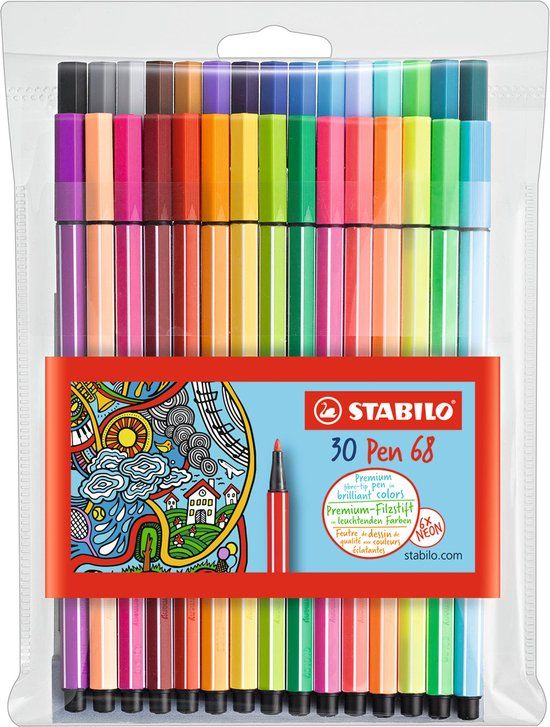 STABILO Pen 68 - Premium Viltstift - Etui Met 24 Standaard & 6 Neon Kleuren