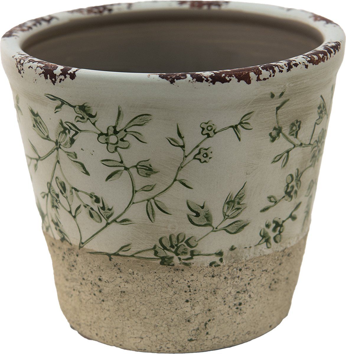 Clayre & Eef Bloempot Ø 16x16 cm Groen Wit Keramiek Rond Bladeren