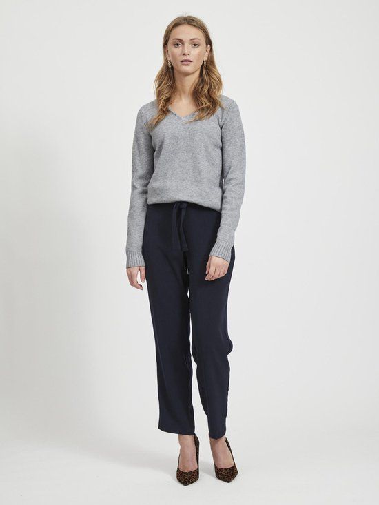 VILA VIRIL V-NECK L/S KNIT TOP - NOOS Dames Trui - Maat L - Medium Grey Melange