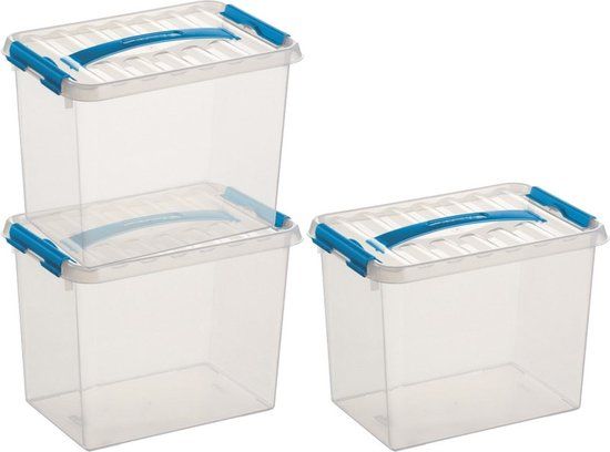 3x Sunware Q-Line Opbergboxen - 9 Liter - Transparant/Blauw