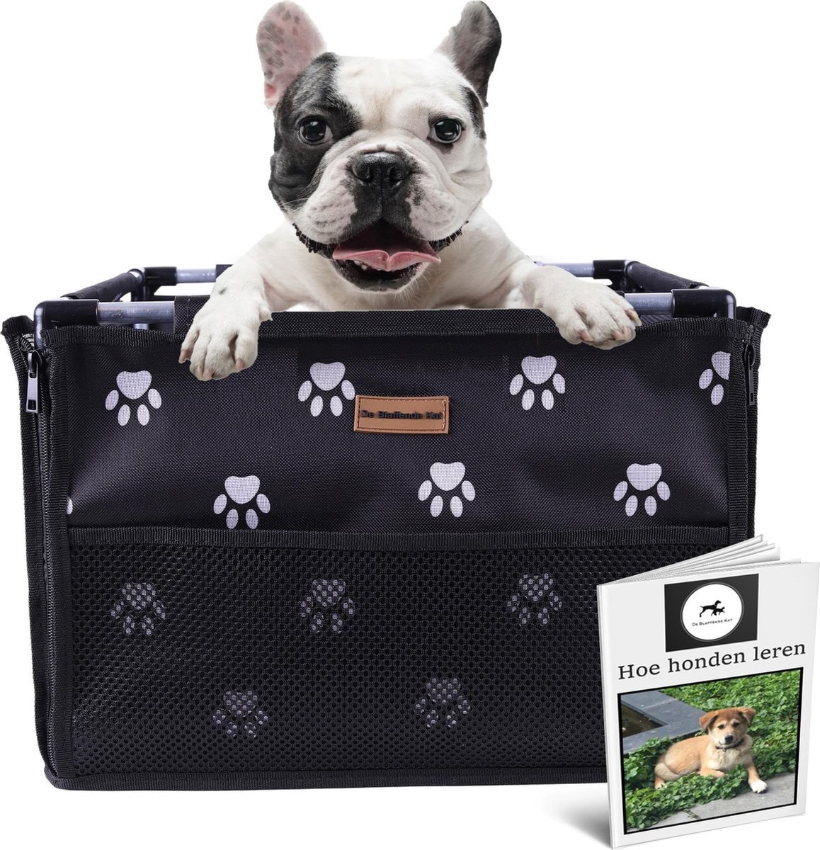 De Blaffende Kat Luxe Autostoel hond pootjes patroon - Inclusief opbergtas en E-Book - Reisbench hond - Hondenmand auto - Autobench voor hond - Hondenstoel auto zwart, wit