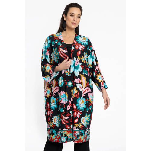 YOEK kimono met all over print zwart/blauw/oranje