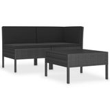 vidaXL 3-delige Loungeset met Kussens, Poly Rattan, Zwart