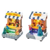 Merkloos / Sans marque Kerstdorp Set van 2x stuks Kerstdorp cadeau winkel en koekjes winkel met verlichting 11 cm - Kerstversiering kerstdorp maken