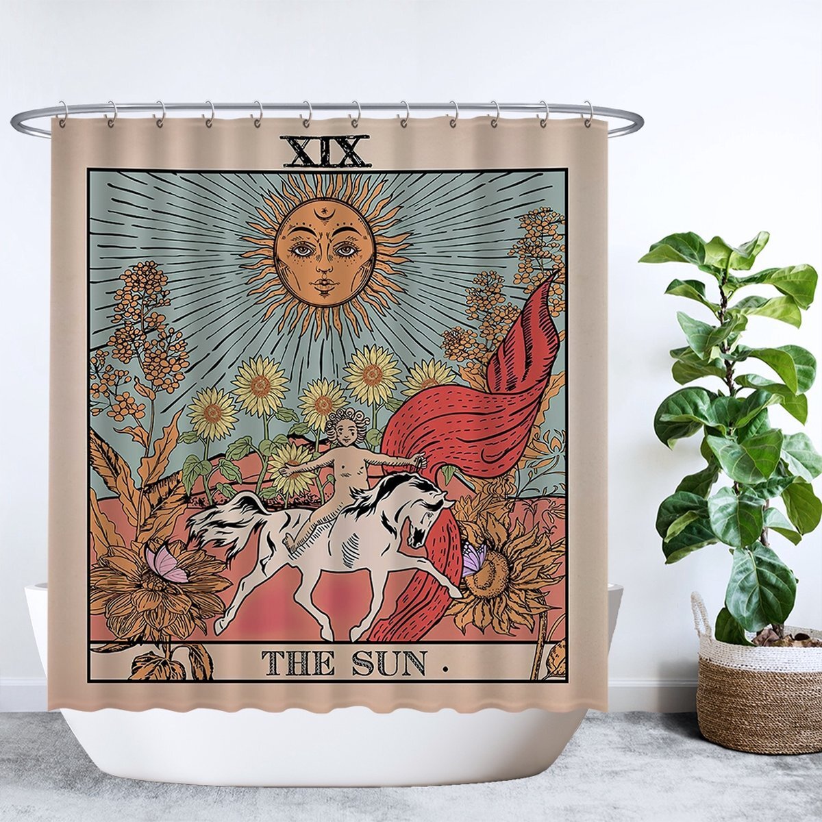 Ulticool Douchegordijn - Zon Natuur Bloemen Tarot Horoscoop Vintage Retro - 180 x 200 cm - met 12 ringen