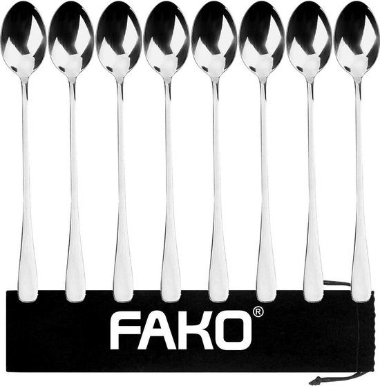 Fako Bijoux® - 8 Lange Lepels - Latte Macchiato - Longdrink - Cocktail - Dessert - IJs - Koffie - Zilver - RVS