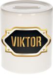 Bellatio Decorations Shoppartners Bv Spaarpot met voornaam Viktor - wit - met goud/zwart embleem - 8 x 9 cm - keramiek - met afsluitdop - cadeau verjaardag