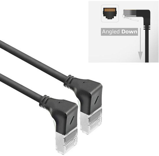 ACT Zwarte 0,15 meter U/FTP CAT6A LSZH Slimline patchkabel met RJ45 connectoren 90° haaks beneden naar 90° haaks beneden DA5930