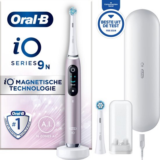 Oral-B iO 9N elektrische borstel, rozenkwarts, met 2 koppen en 1 etui, ontworpen in bruin