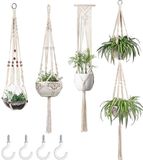 Spieringstore 4 Stuks Plantenhangers - Boho Handgeweven Katoen Hangpot voor Binnen/Buiten - Bloempot met Kralen - Macramé Touw/Koord Hangplant Houder - Bohemian Wandhanger Decoratie - Verticale Tuin Plant Hanger Bloempothouder Planthanger Wit