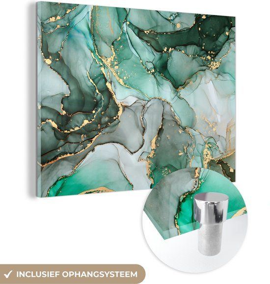 MuchoWow® Glass Painting 120x90 cm - Acrylic Glass Painting - Gold - Marble - Green - Luxury - Marble Look - Gray - Photo on Glass - Paintings
