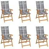 VidaXL Chaise de jardin terrasse assise capitonnée Teck 6 pièces avec coussins à carreaux gris