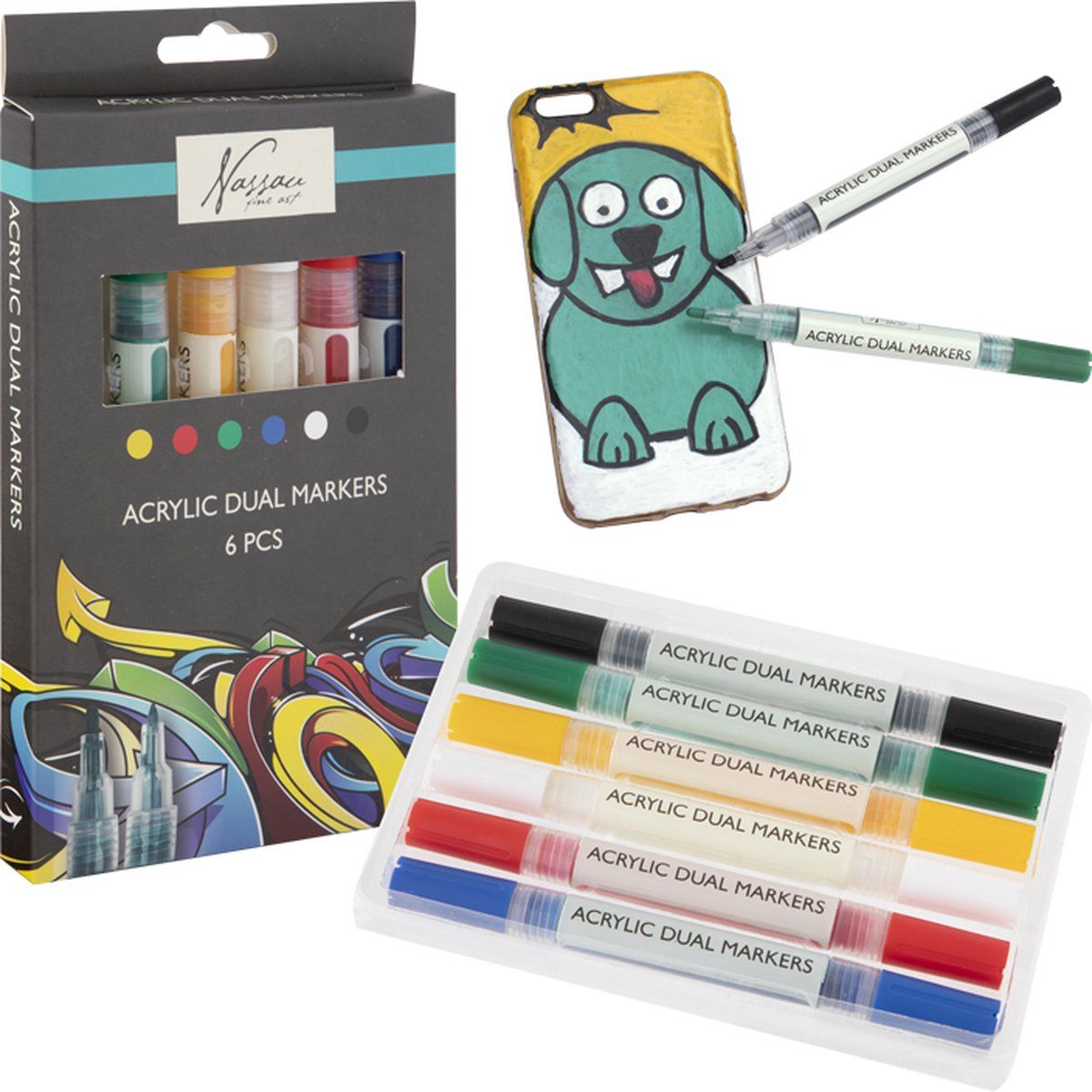 Nassau Fine Art Professionele Acrylstiften | 6 kleuren | Doppelmarkers