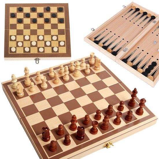 Merkloos 3-in-1 Houten Bordspelset (Schaken, Dammen & Backgammon)