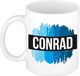 Bellatio Decorations Conrad naam cadeau koffie mok - beker - met blauw verfstrepen - Cadeau collega - vaderdag - verjaardag - meester - coach - 300 ml - wit