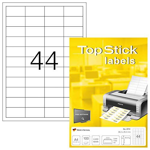 TopStick 8731 universele etiketten A4 klein (48,3 x 25,4 mm, 100 velle, papier, mat) zelfklevend, bedrukbaar, permanente klevende adreslabels, 4.400 etiketten voor printer, wit