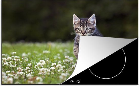 KitchenYeah® Inductie beschermer 77x51 cm - Een kitten in een veld met klaver - Inductie kookplaat accessoire