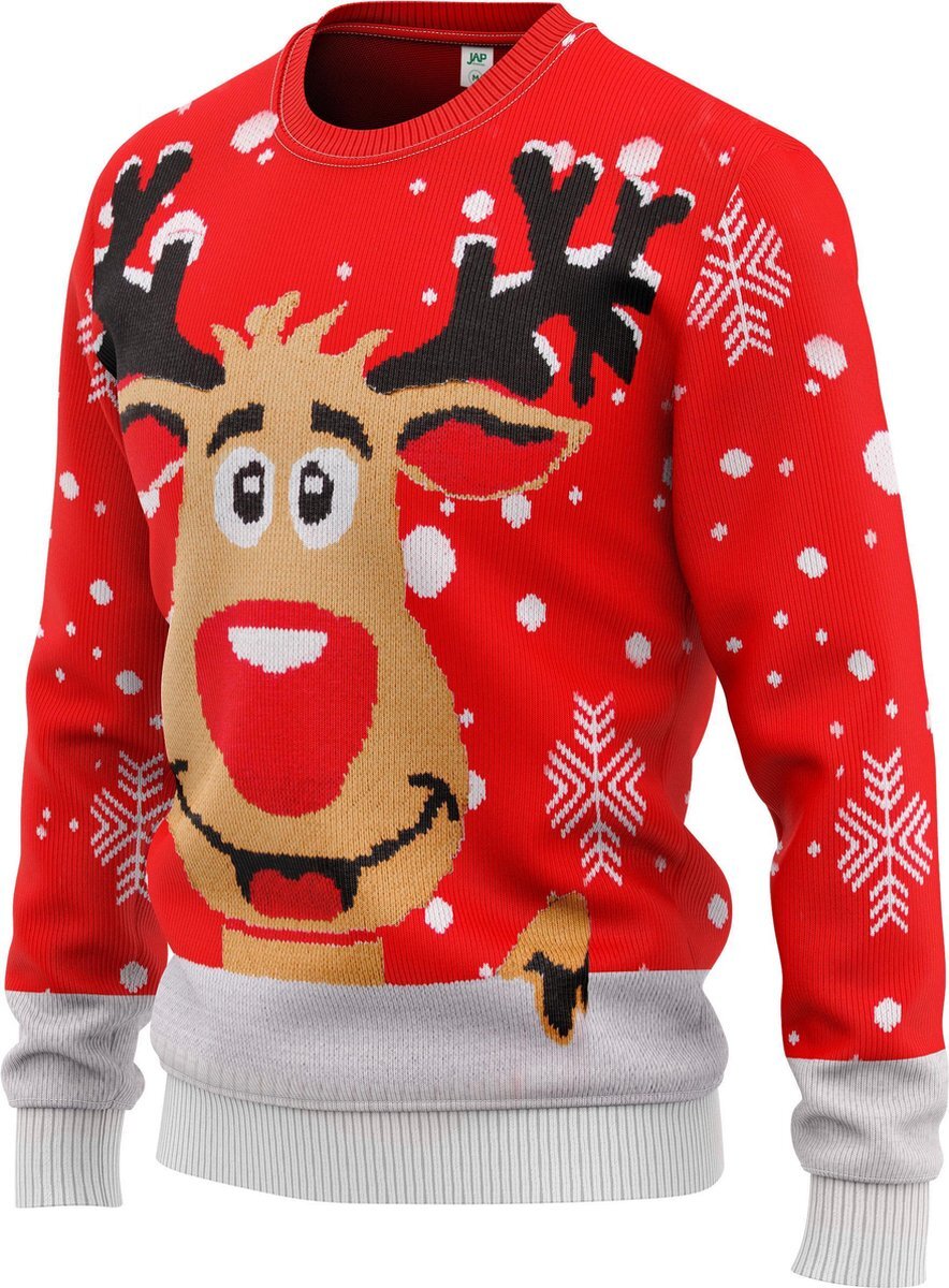 JAP Christmas JAP Foute kersttrui - Rudolf het rendier - Kerst - Dames en heren - Kerstcadeau - XXXL - Rood