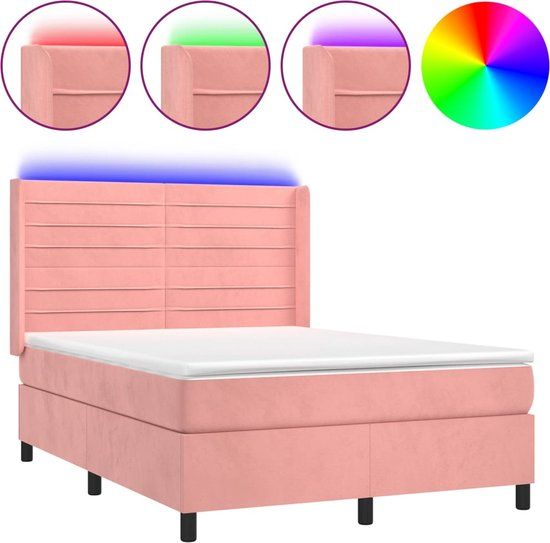 vidaXL Boxspring met matras en LED fluweel roze 140x200 cm