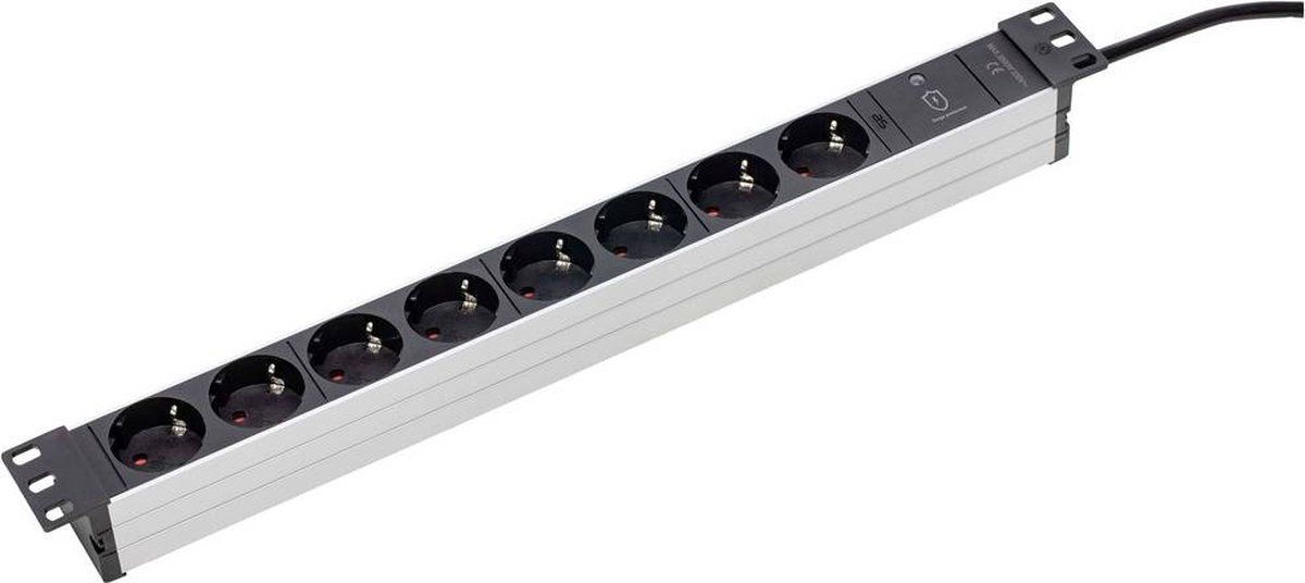 AS-Schwabe 8-fach Steckdosenleiste 19“ RACK, für universellen Einbau in 19 Zoll Netzwerkschränke, Aluminium-Gehäuse, 2 m Kunststoffmantelleitung, 45°-Anordnung, IP20, Silber/Schwarz/Aluminium 18193