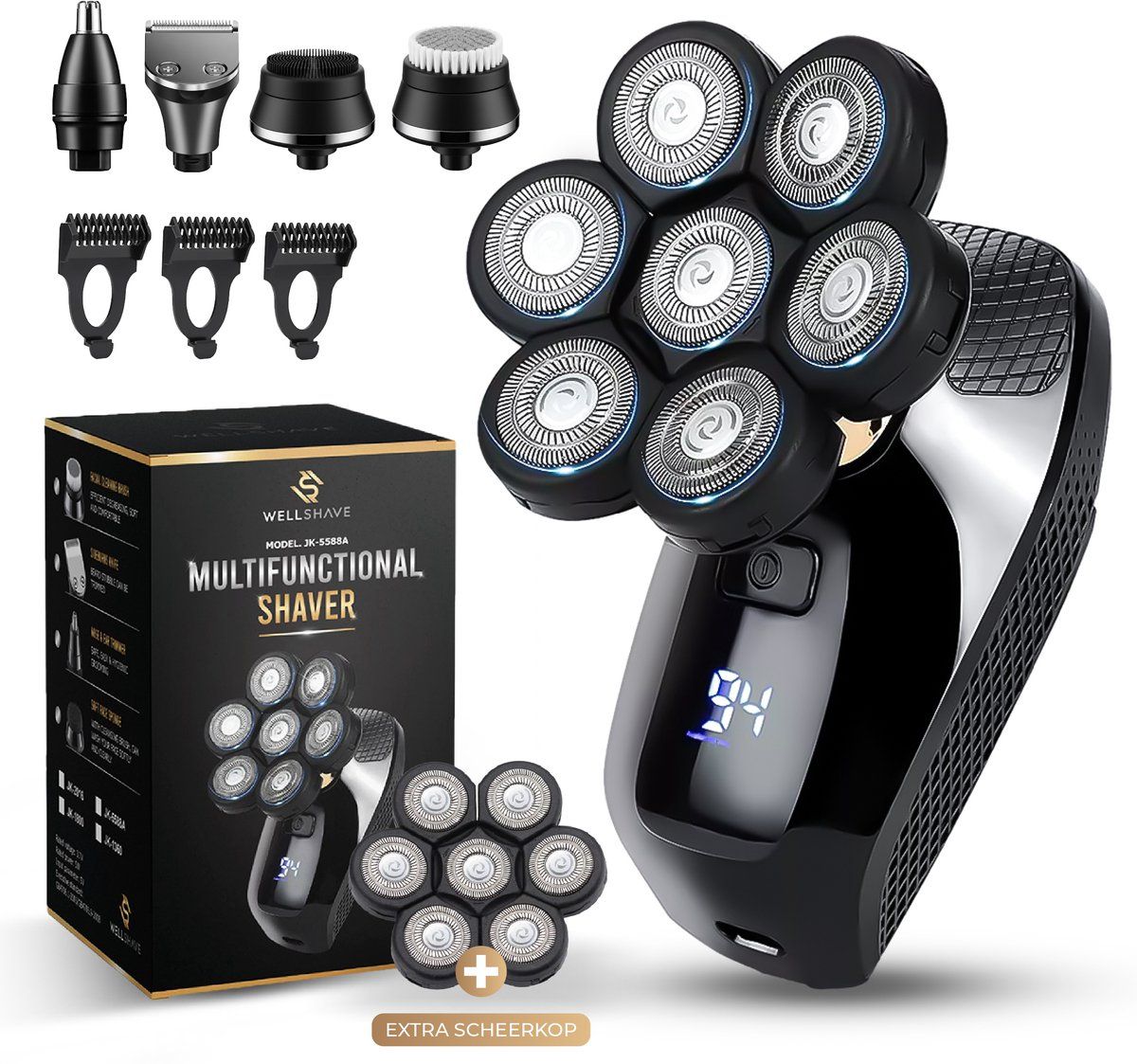 Wellshave 5 in 1 Scheerapparaat Mannen + Extra Scheerkop - Gezicht en Hoofd Trimmer - Head Shaver - Nat & Droog Shaver - Face en Head Shaver – Hoofd Kaal