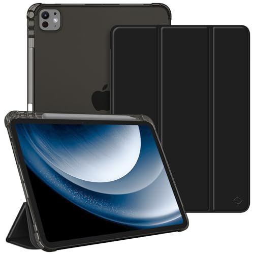 FINTIE SlimShell Hoes voor iPad Pro 11 inch M4 (2024), zachte en lichte TPU-beschermhoes met potloodhouder, doorschijnende matte hoes, automatische slaap-/waakfunctie, zwart