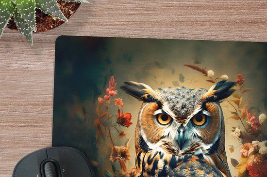MousePadParadise Muismat XXL - Uil - Vogel - Bloemen - Planten - Botanisch - 50x50 cm - Bureau onderlegger - Bureau mat