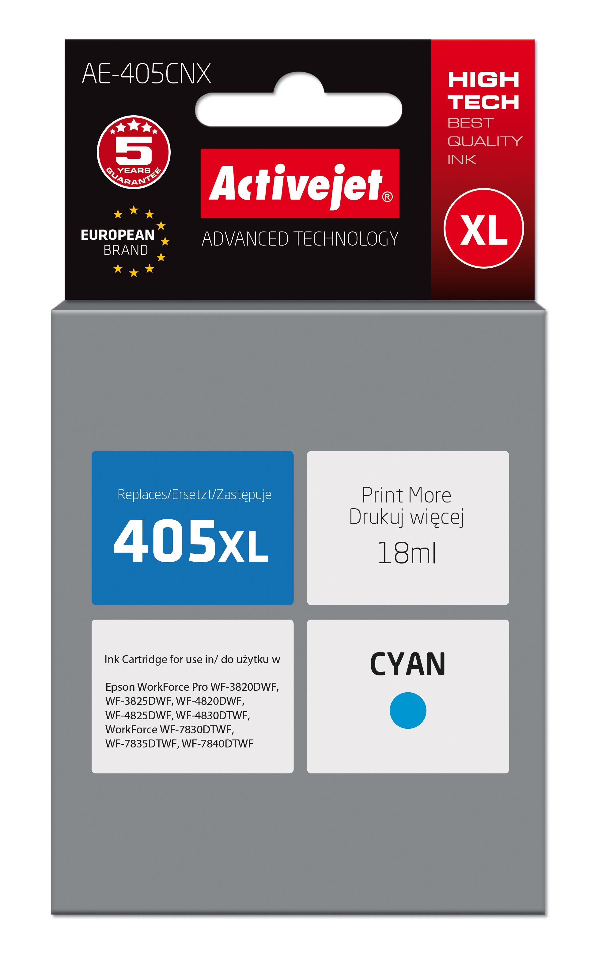 Activejet AE-405CNX Cyaan XL Inktcartridge (vervangt Epson 405XL C13T05H24010)