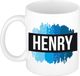 Bellatio Decorations Henry naam cadeau koffie mok - beker - met blauw verfstrepen - Cadeau collega - vaderdag - verjaardag - meester - coach - 300 ml - wit