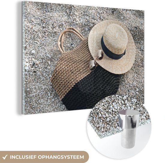 MuchoWow® Glass Painting 150x100 cm - Acrylic Glass Painting - Summer - Beach - Hat - Photo on Glass - Paintings