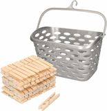 Merkloos / Sans marque Plastic Forte Wasknijpers mandje met ophanghaak - zilver - gevuld met 100x houten wasknijpers van 7 cm