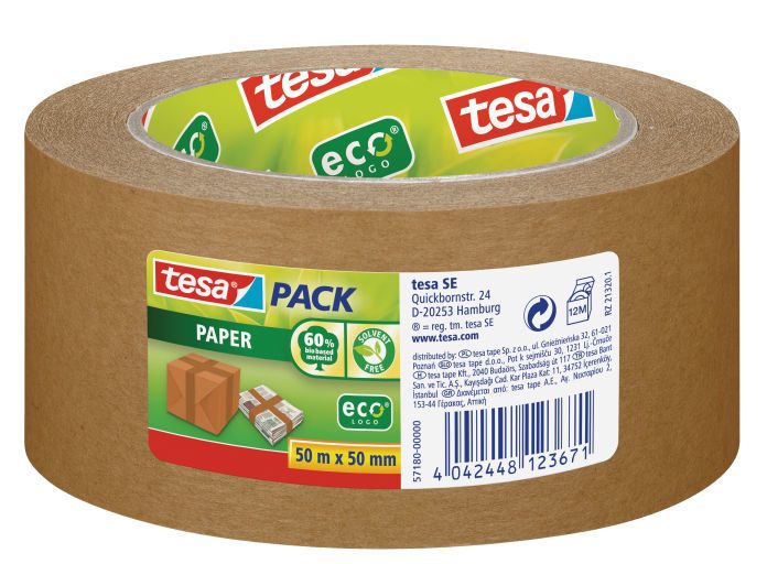 Tesa Paper EcoLogo Packaging Tape - Brown - 50mm x 50m - 1 Roll