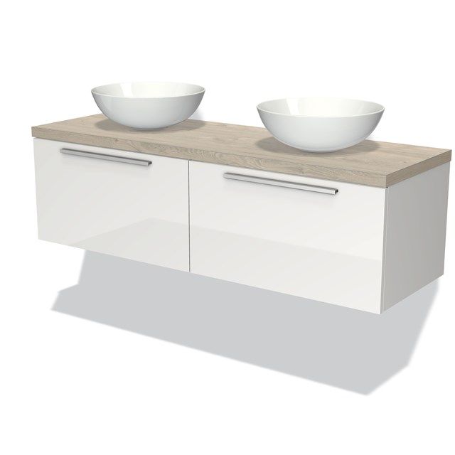 Maxaro Badkamermeubel Modulo Plato 140cm Hoogglans Wit 2 Lades Vlak Lichtgrijs Eiken