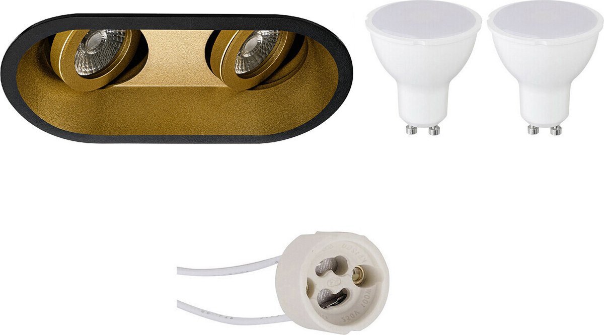 Qualu LED Spot Set - Proma Zano Pro - GU10 Fitting - Dimbaar - Inbouw Ovaal Dubbel - Mat Zwart/Goud - 6W - Helder/Koud Wit 6400K - Kantelbaar - 185x93mm