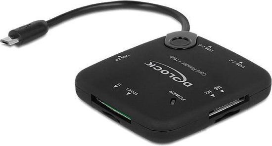 DeLOCK Micro USB OTG kaartlezer en 3-poorts USB Hub - Zwart